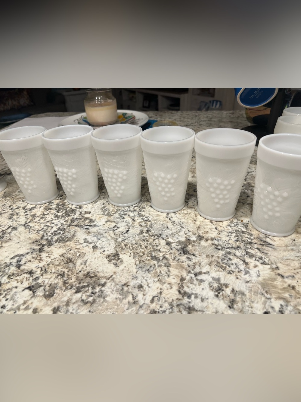 Vintage 1960's Set of 6 White Milk Glass Tumblers Cups Grape Leaf Design